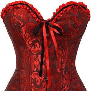 Women Lace up Back Sexy Floral Corset - Red Wine